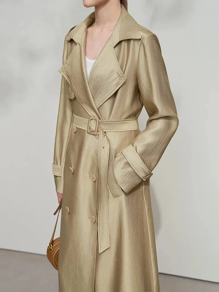 Minimalist Wide-Waist Trench Coat for Women – 2025 Spring/Summer Long Double-Breasted Overcoat with Turn-Down Collar