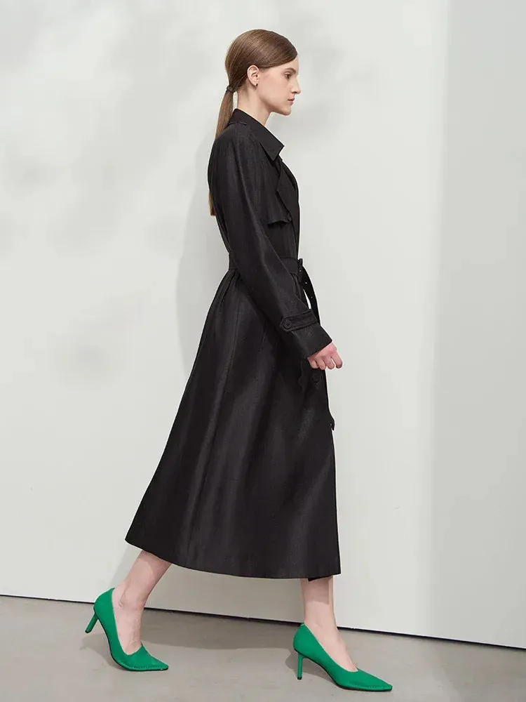 Minimalist Wide-Waist Trench Coat for Women – 2025 Spring/Summer Long Double-Breasted Overcoat with Turn-Down Collar