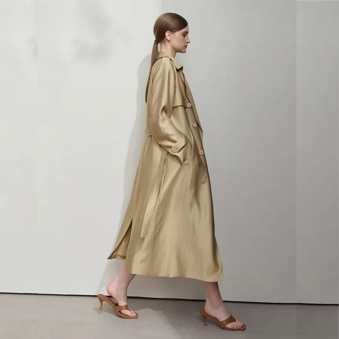 Minimalist Wide-Waist Trench Coat for Women – 2025 Spring/Summer Long Double-Breasted Overcoat with Turn-Down Collar