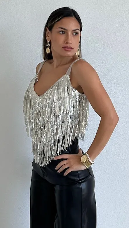 More than Iconic Silver Sequins & Fringe Top