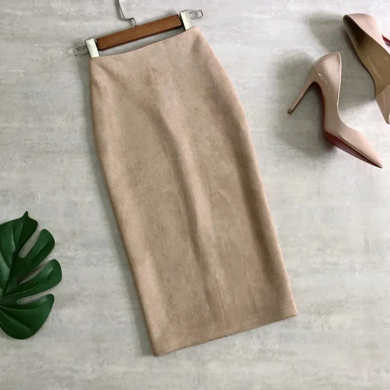 Multi Pencil Skirt Womens Solid Color High Waist Suede Sheath Back Split Midi Bodycon Skirts