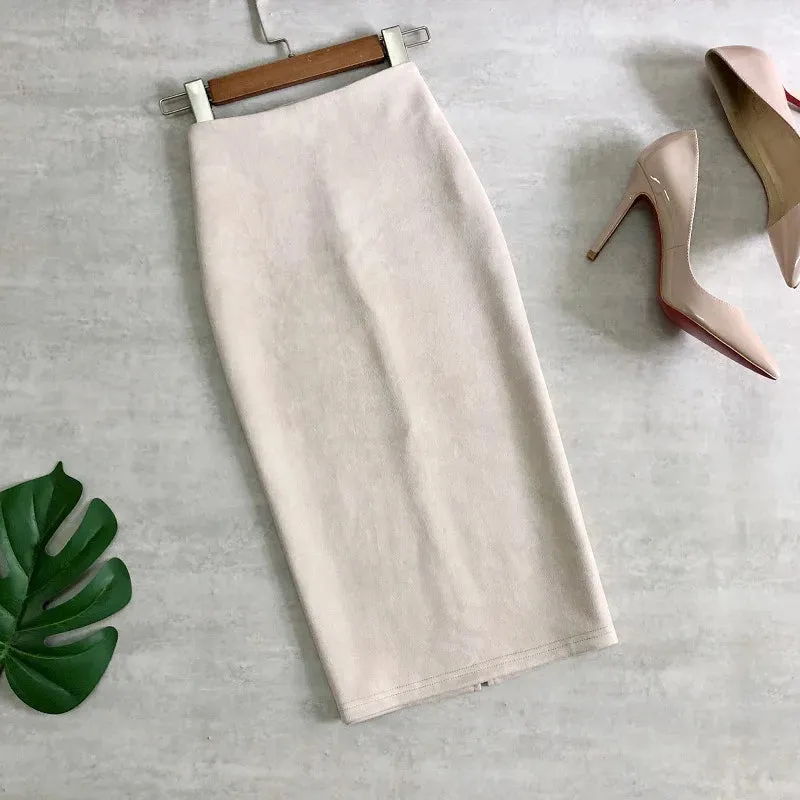Multi Pencil Skirt Womens Solid Color High Waist Suede Sheath Back Split Midi Bodycon Skirts