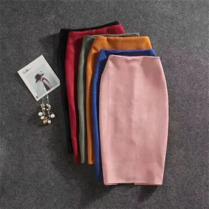 Multi Pencil Skirt Womens Solid Color High Waist Suede Sheath Back Split Midi Bodycon Skirts
