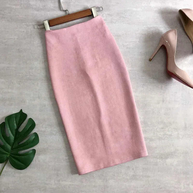 Multi Pencil Skirt Womens Solid Color High Waist Suede Sheath Back Split Midi Bodycon Skirts
