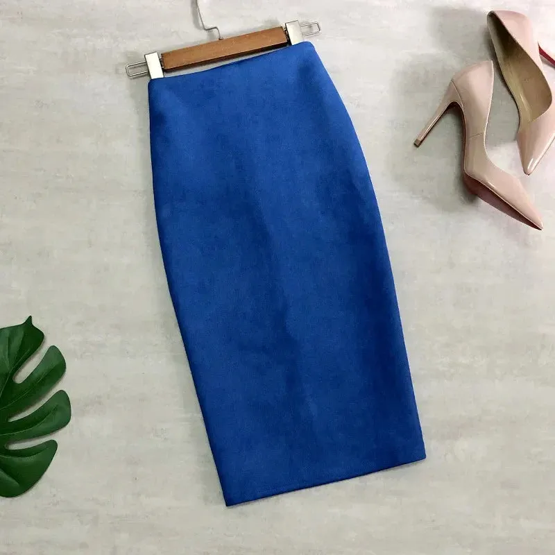 Multi Pencil Skirt Womens Solid Color High Waist Suede Sheath Back Split Midi Bodycon Skirts