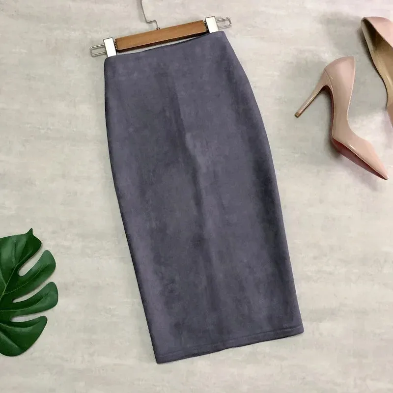 Multi Pencil Skirt Womens Solid Color High Waist Suede Sheath Back Split Midi Bodycon Skirts