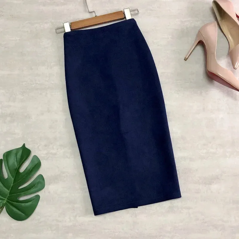 Multi Pencil Skirt Womens Solid Color High Waist Suede Sheath Back Split Midi Bodycon Skirts