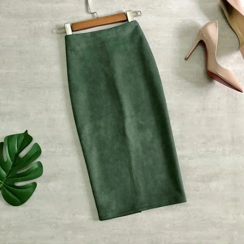 Multi Pencil Skirt Womens Solid Color High Waist Suede Sheath Back Split Midi Bodycon Skirts
