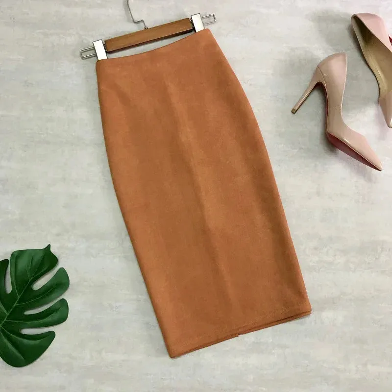 Multi Pencil Skirt Womens Solid Color High Waist Suede Sheath Back Split Midi Bodycon Skirts