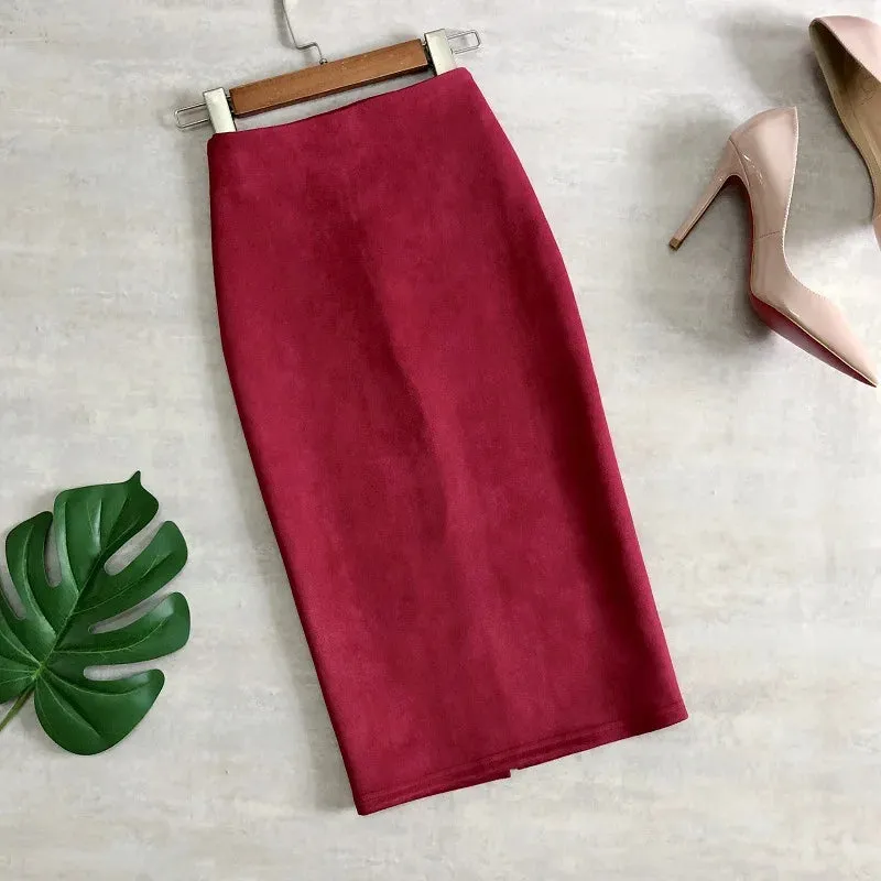 Multi Pencil Skirt Womens Solid Color High Waist Suede Sheath Back Split Midi Bodycon Skirts