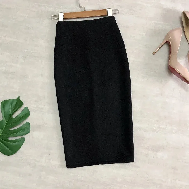 Multi Pencil Skirt Womens Solid Color High Waist Suede Sheath Back Split Midi Bodycon Skirts