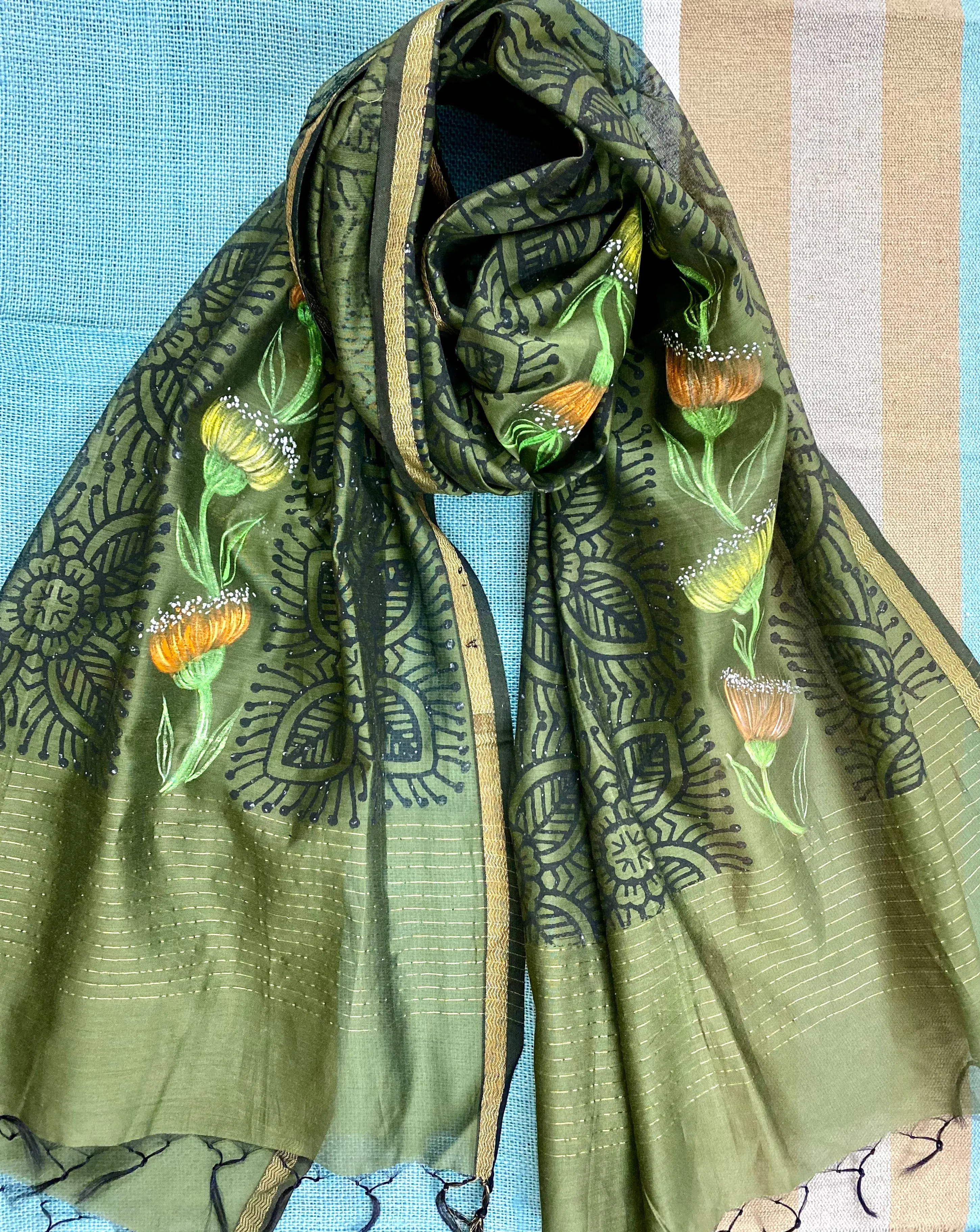 Olive green Hand Painted Silk Cotton Scarf