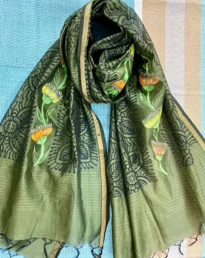 Olive green Hand Painted Silk Cotton Scarf