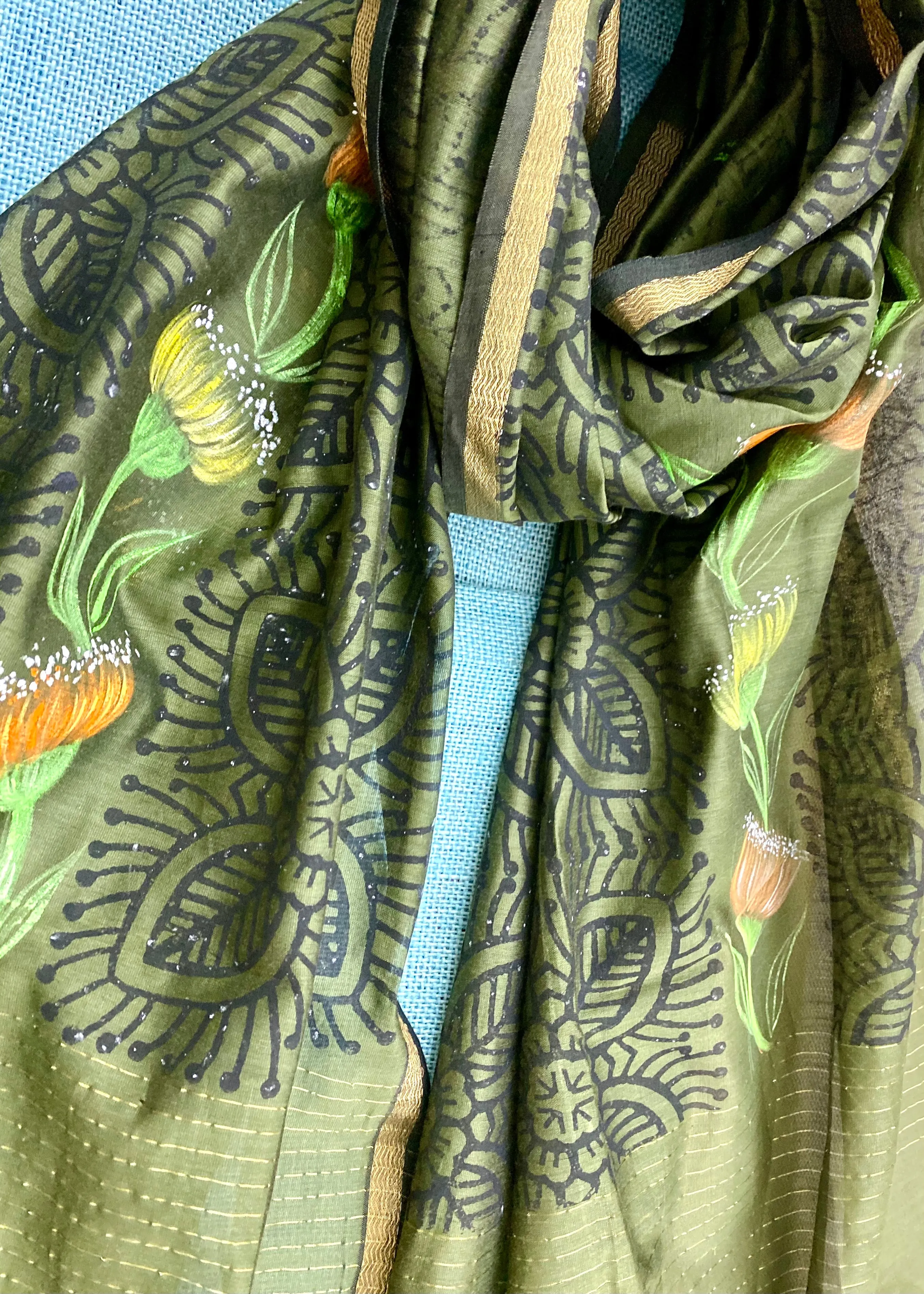 Olive green Hand Painted Silk Cotton Scarf