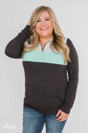On the Go Quarter Zip Pullover- Mint & Charcoal