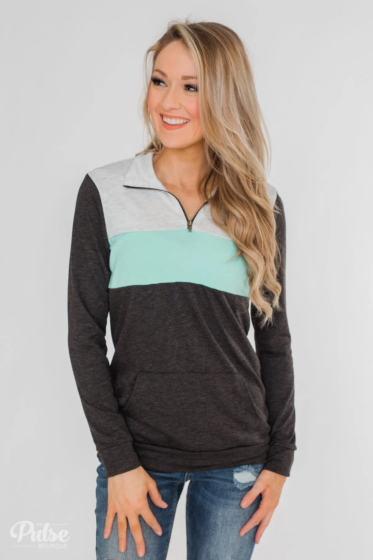 On the Go Quarter Zip Pullover- Mint & Charcoal