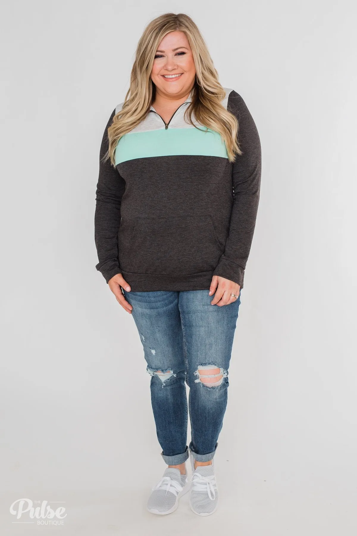 On the Go Quarter Zip Pullover- Mint & Charcoal