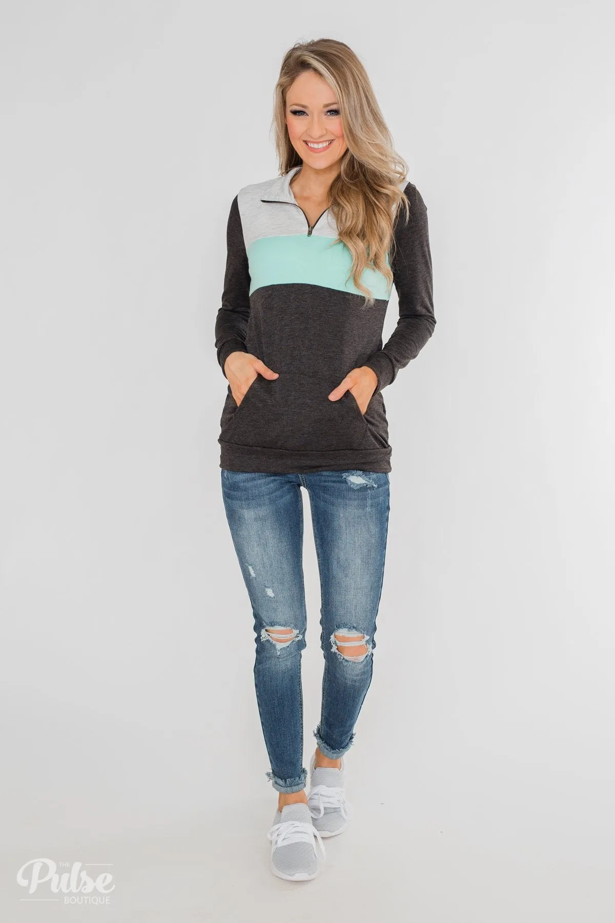 On the Go Quarter Zip Pullover- Mint & Charcoal