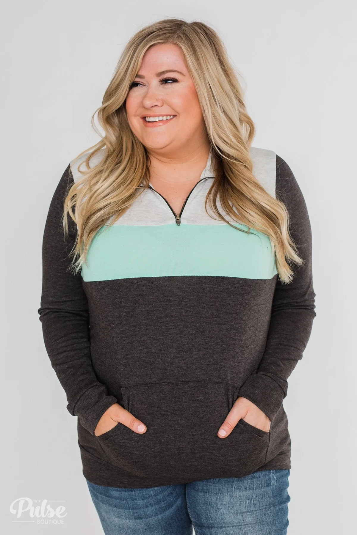 On the Go Quarter Zip Pullover- Mint & Charcoal