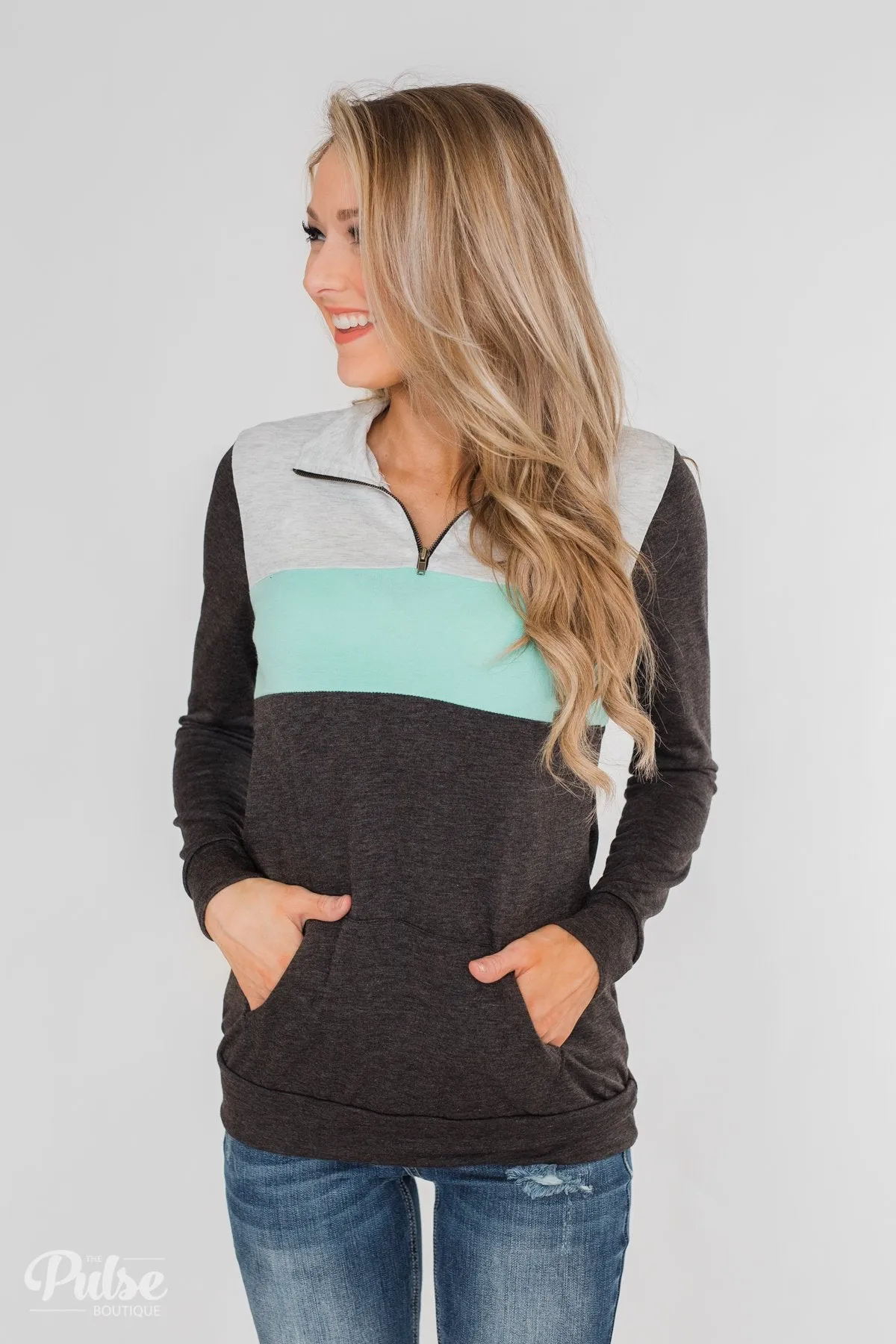On the Go Quarter Zip Pullover- Mint & Charcoal