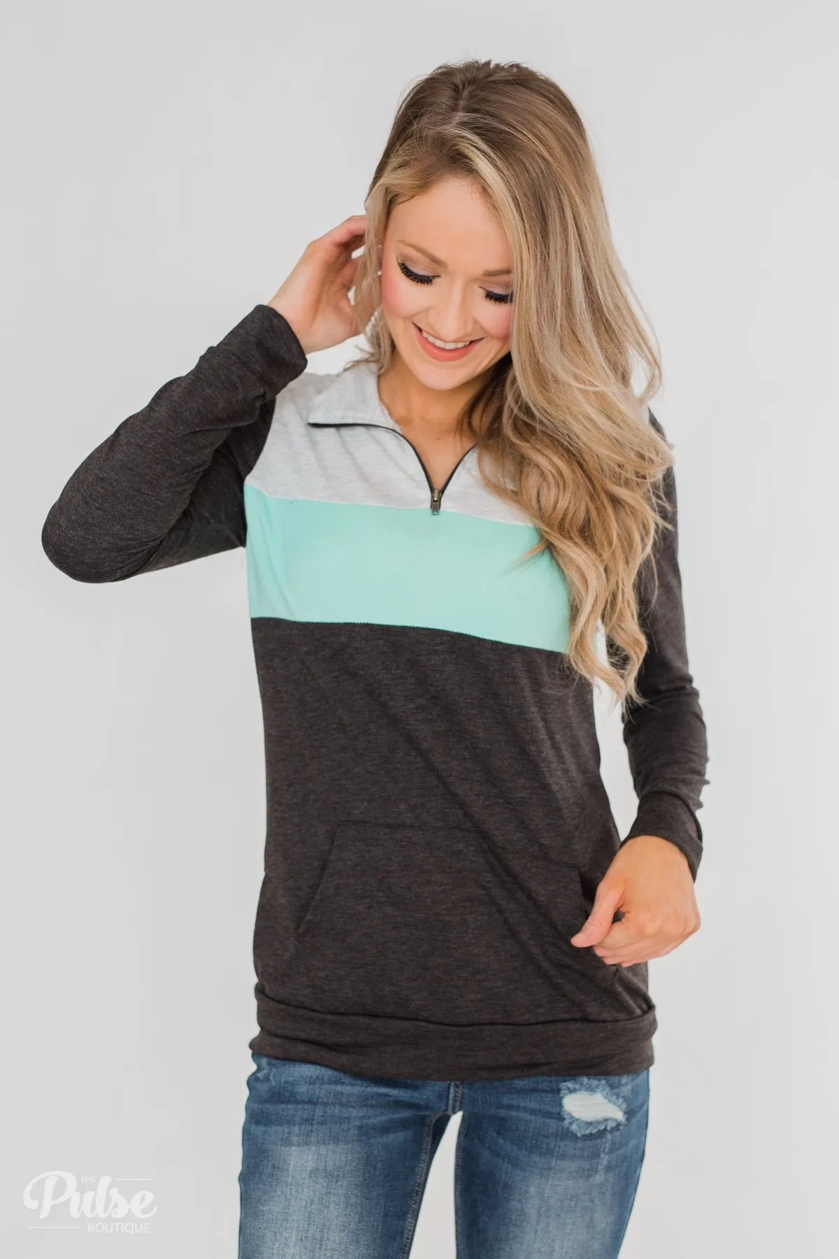 On the Go Quarter Zip Pullover- Mint & Charcoal