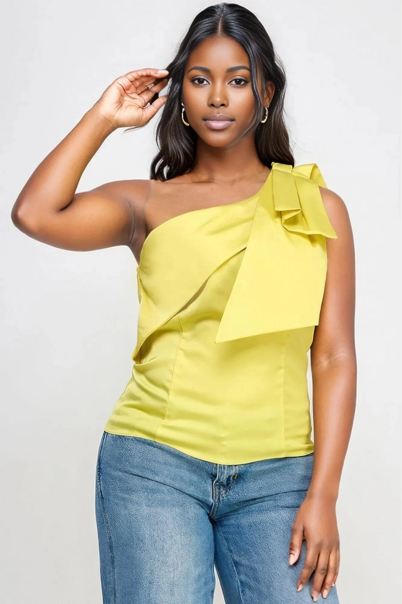 One Shoulder Bow Tie Detail Fitted Top