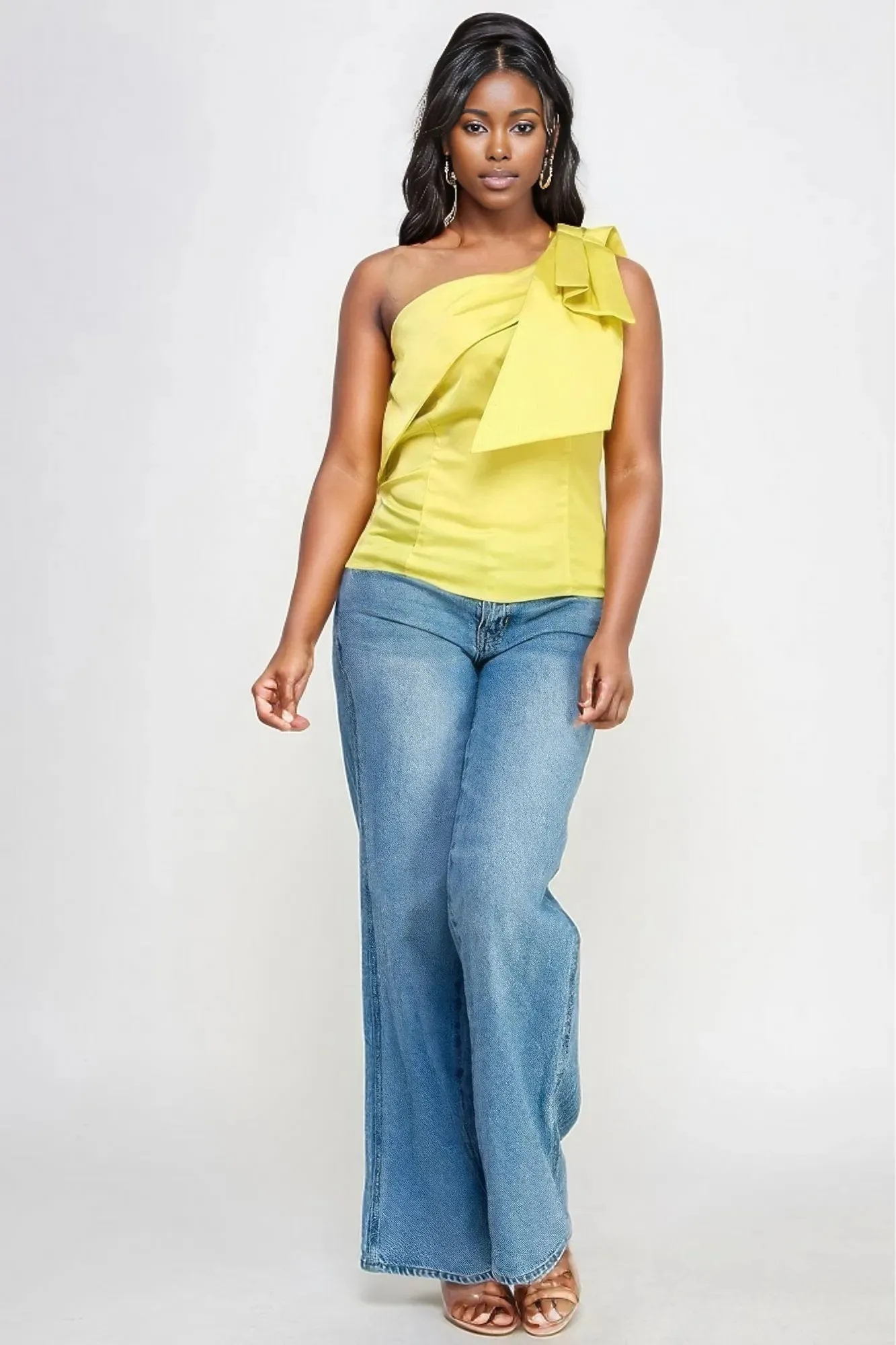 One Shoulder Bow Tie Detail Fitted Top