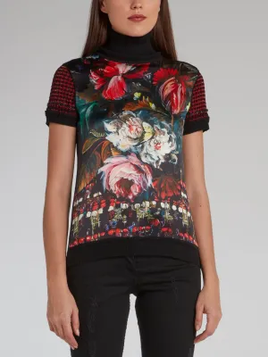 Painted Floral Print Turtleneck Top