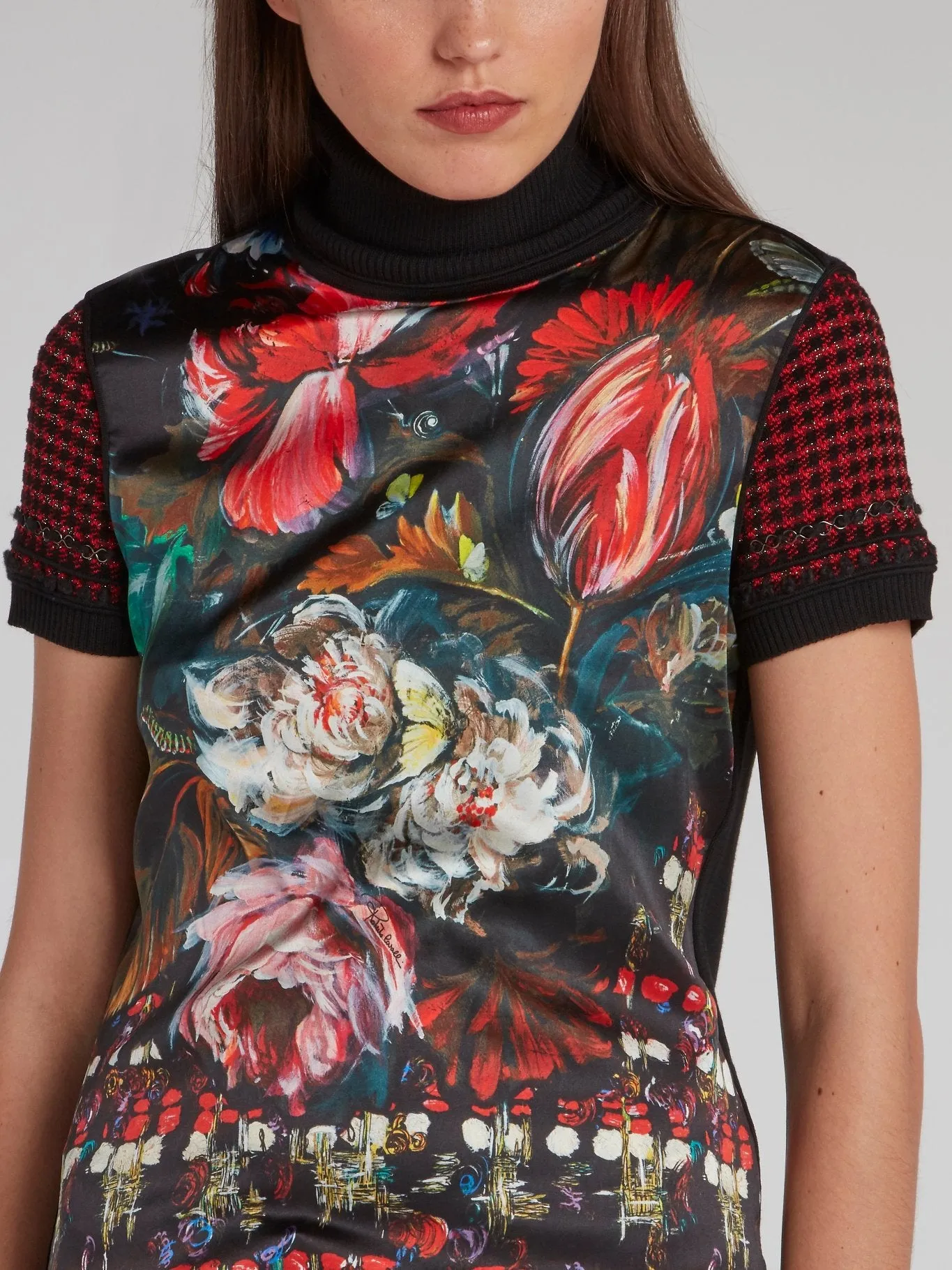 Painted Floral Print Turtleneck Top
