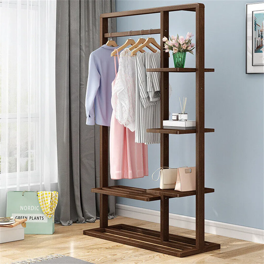 P&P Industrial Vintage Wood Clothes Stand Open Wardrobe with Spacious Storage Shelf