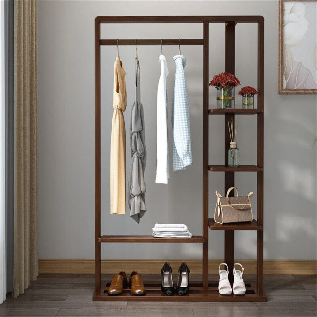 P&P Industrial Vintage Wood Clothes Stand Open Wardrobe with Spacious Storage Shelf