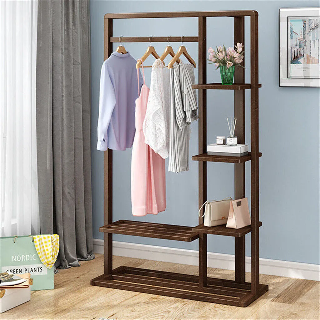 P&P Industrial Vintage Wood Clothes Stand Open Wardrobe with Spacious Storage Shelf
