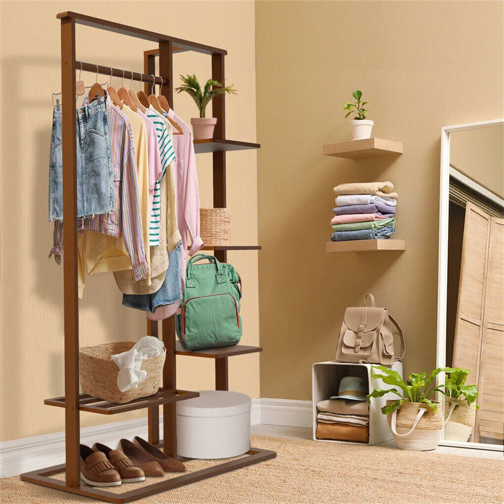 P&P Industrial Vintage Wood Clothes Stand Open Wardrobe with Spacious Storage Shelf