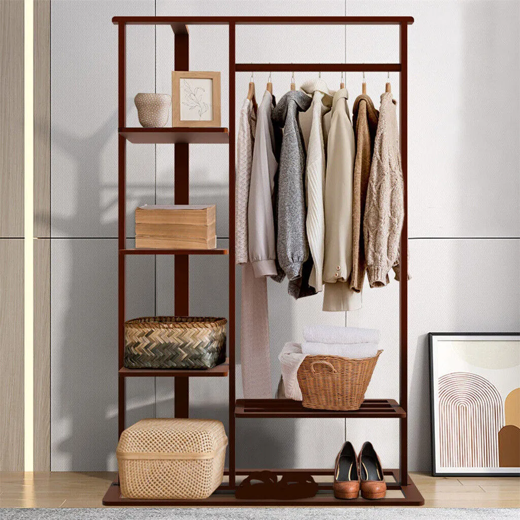 P&P Industrial Vintage Wood Clothes Stand Open Wardrobe with Spacious Storage Shelf
