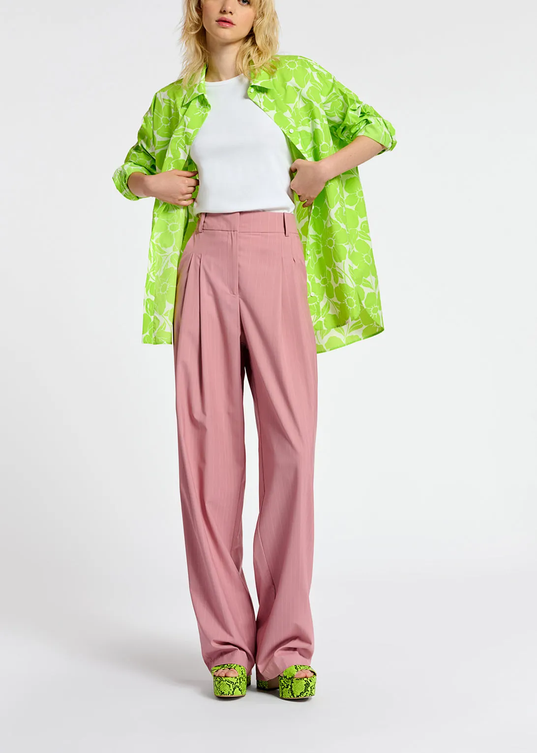 Pink pinstriped tailored pants