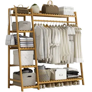 Portable Clothes Rack Coat Garment Stand Bamboo Rail Hanger Airer Closet