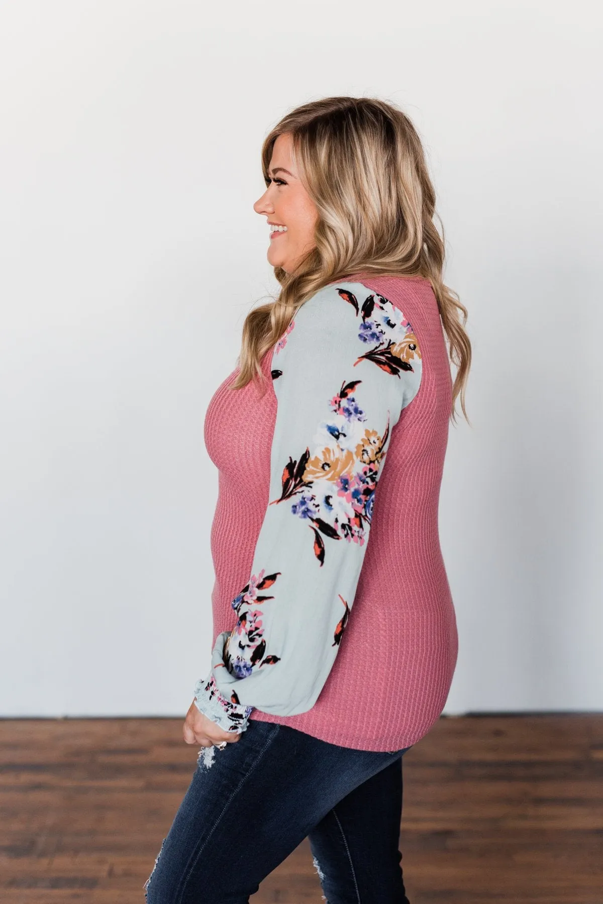 Proud To Be Me Waffle Knit Top- Mauve Pink & Light Blue