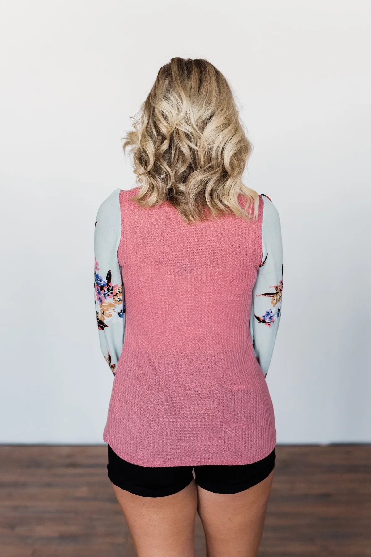 Proud To Be Me Waffle Knit Top- Mauve Pink & Light Blue