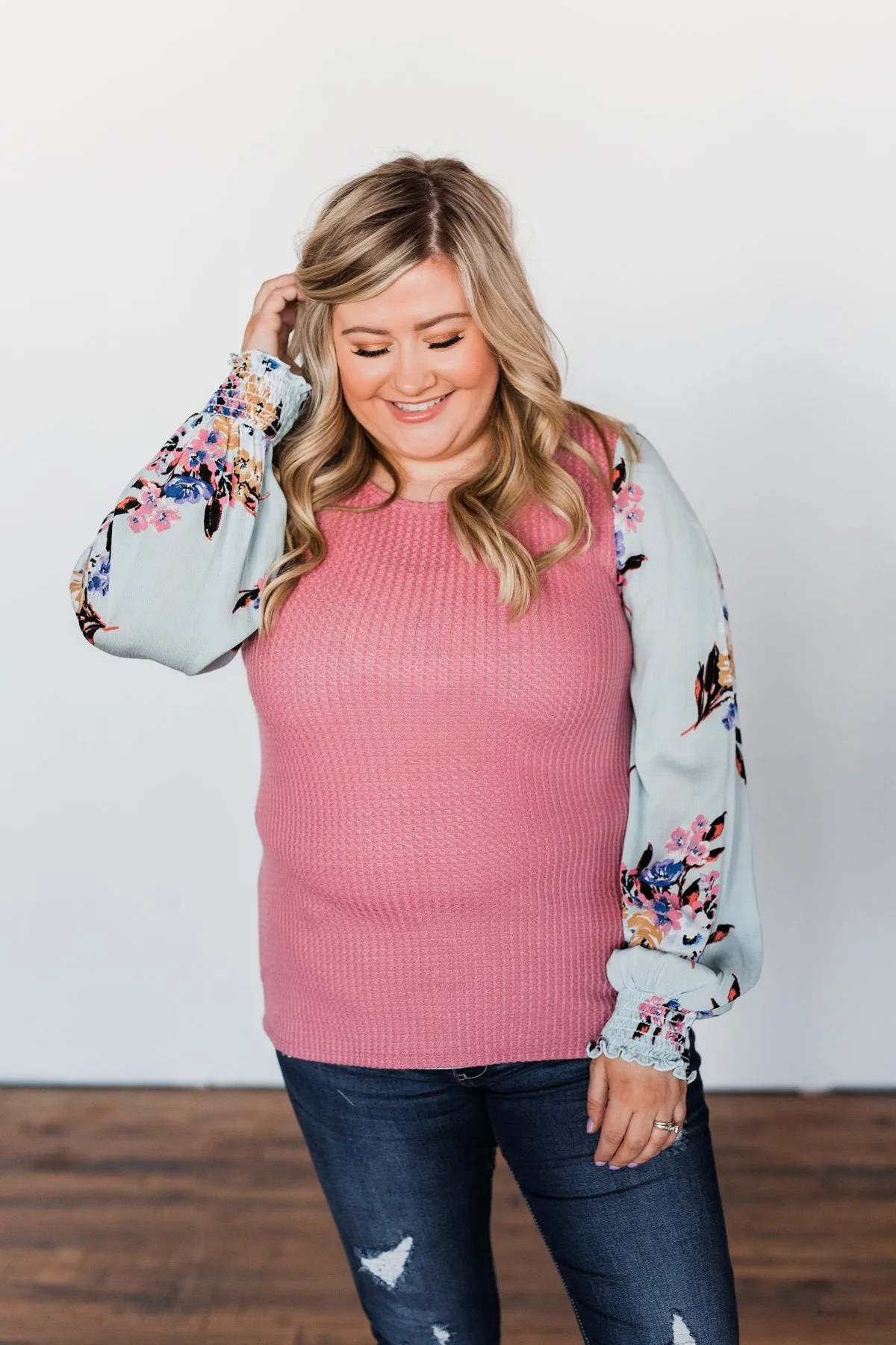 Proud To Be Me Waffle Knit Top- Mauve Pink & Light Blue