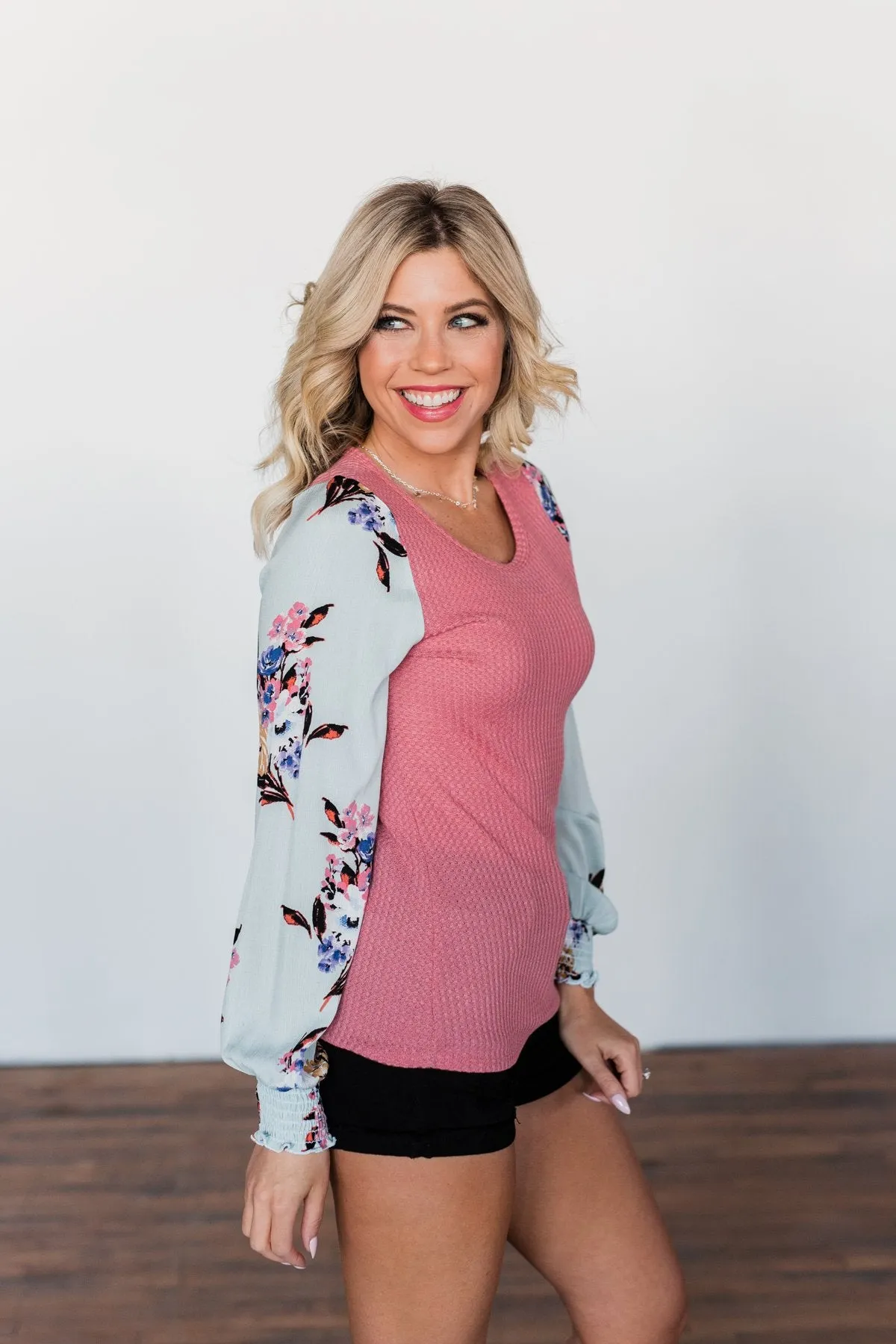 Proud To Be Me Waffle Knit Top- Mauve Pink & Light Blue