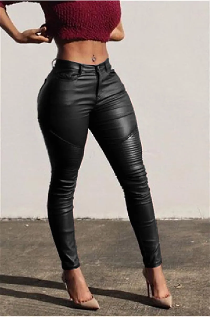 PU Leather Pencil Pants High Waisted