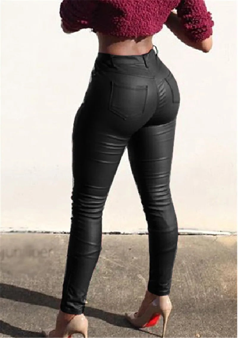PU Leather Pencil Pants High Waisted
