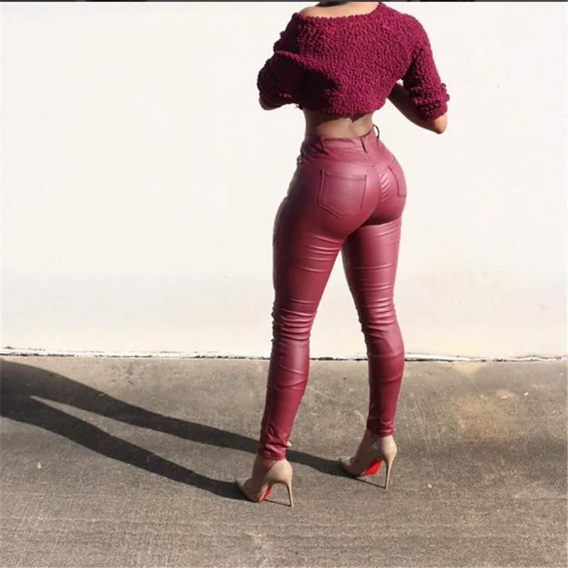 PU Leather Pencil Pants High Waisted