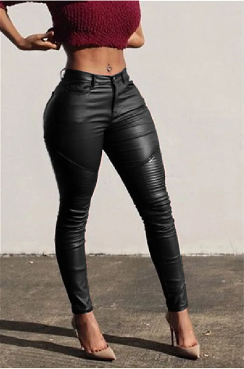 PU Leather Pencil Pants High Waisted