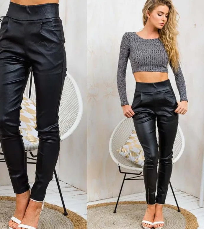 PU Leather Pencil Pants High Waisted