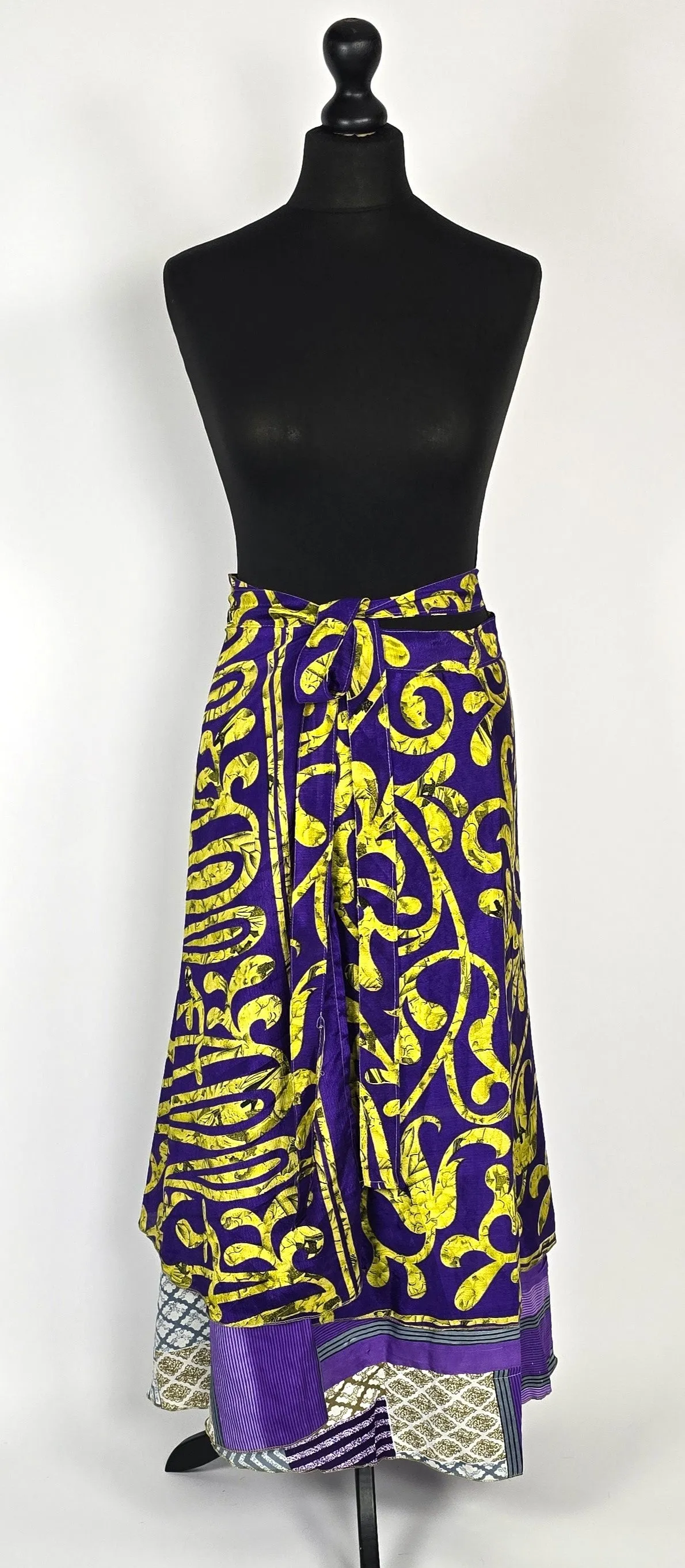 Reversable flattering Indian gypsy wrap skirt, made from vintage silk-mix saree fabrics with Oriental & floral print #1