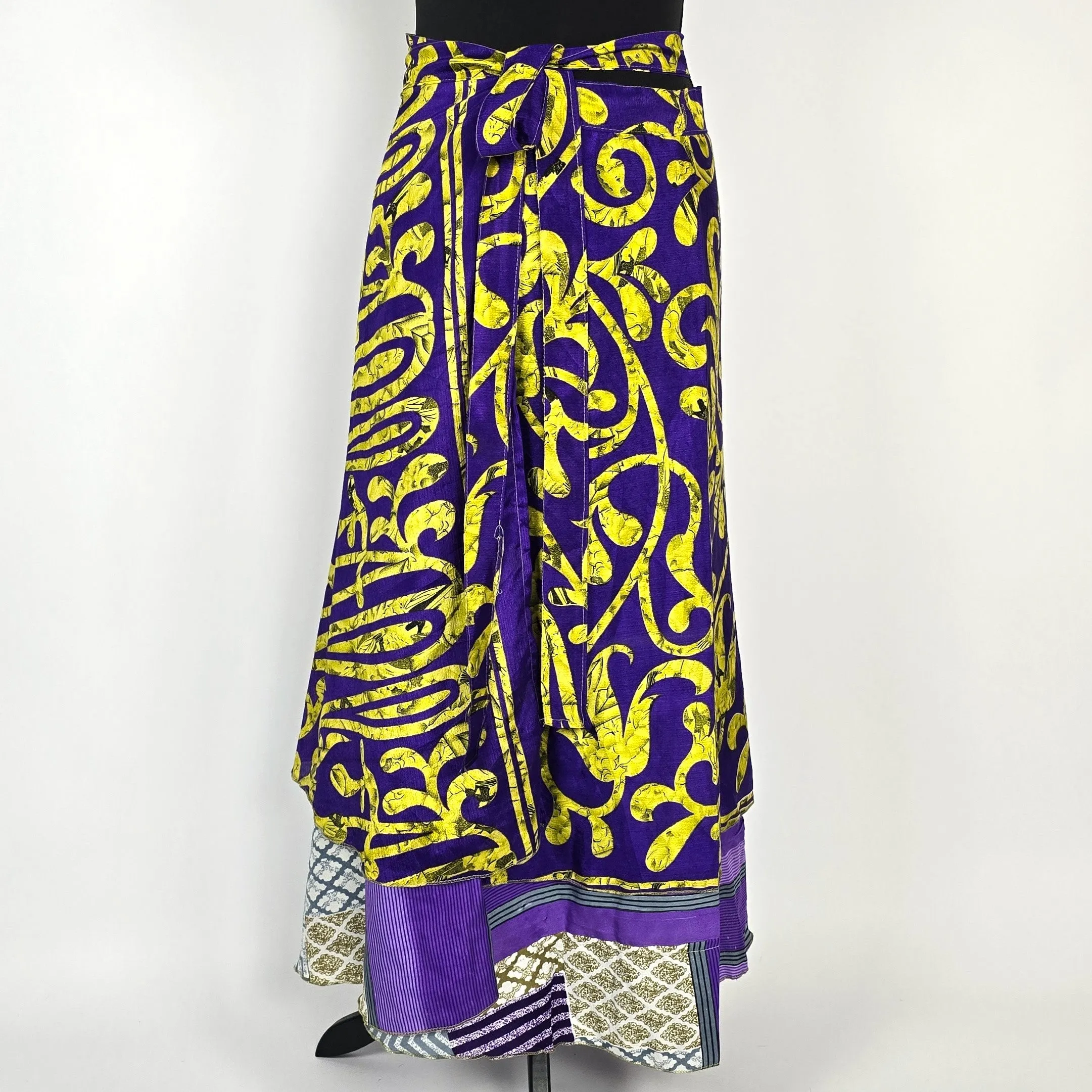 Reversable flattering Indian gypsy wrap skirt, made from vintage silk-mix saree fabrics with Oriental & floral print #1