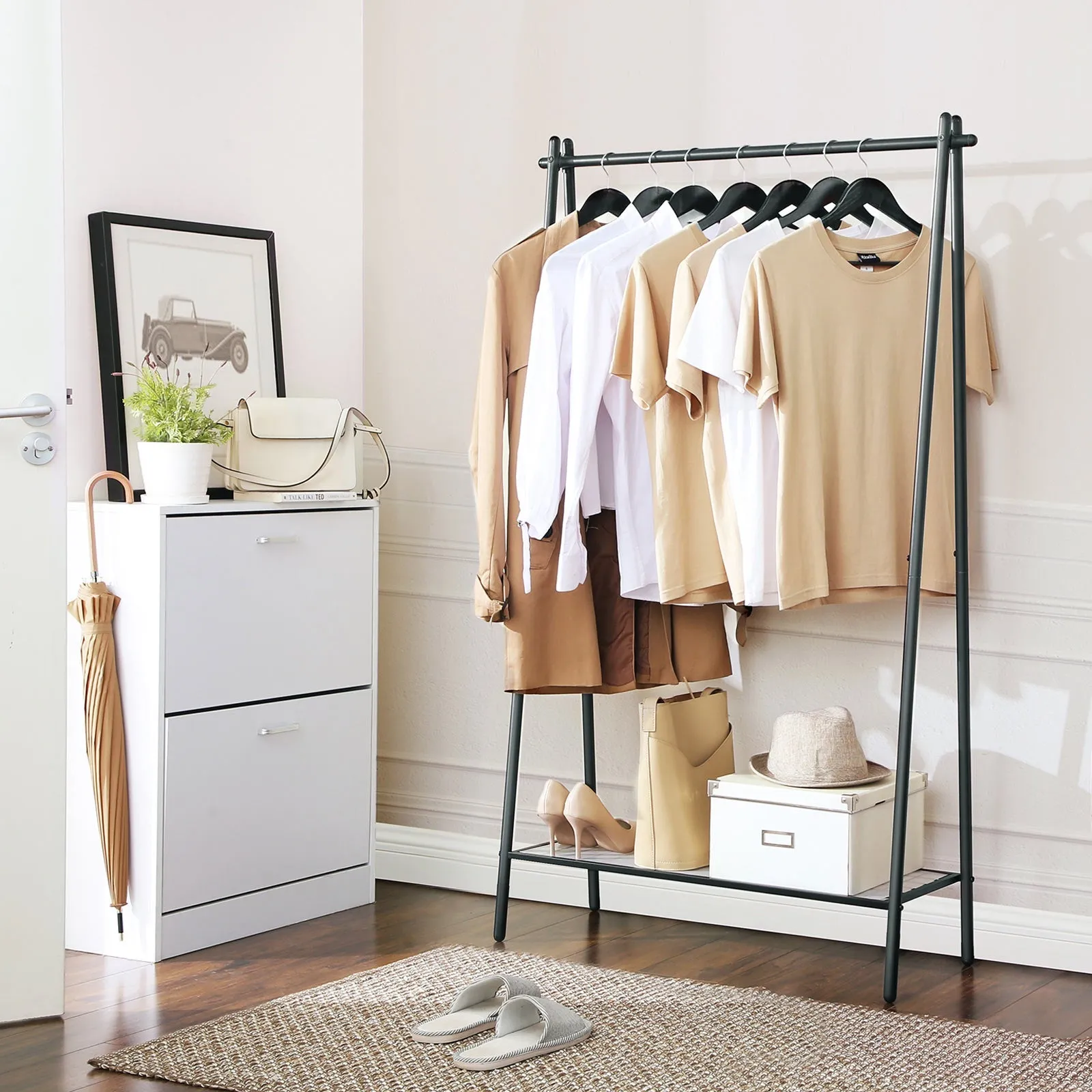 Rootz Minimalist Clothes Rack - Clothing Stand - Garment Organizer - Steel Construction - 92.5cm x 33.5cm x 153cm - Matte Black - Max Load 40kg - Shoe Storage - Easy Assembly