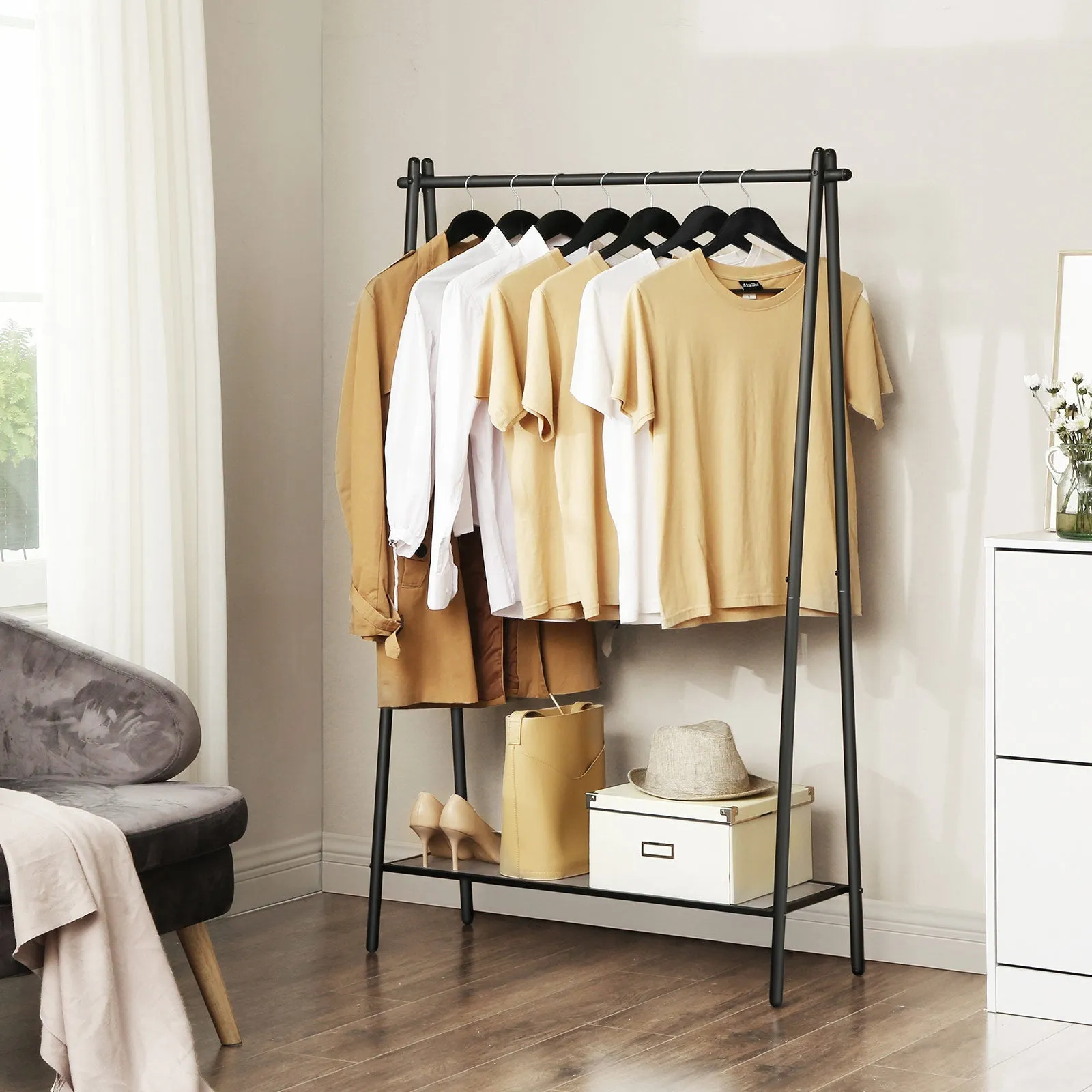 Rootz Minimalist Clothes Rack - Clothing Stand - Garment Organizer - Steel Construction - 92.5cm x 33.5cm x 153cm - Matte Black - Max Load 40kg - Shoe Storage - Easy Assembly