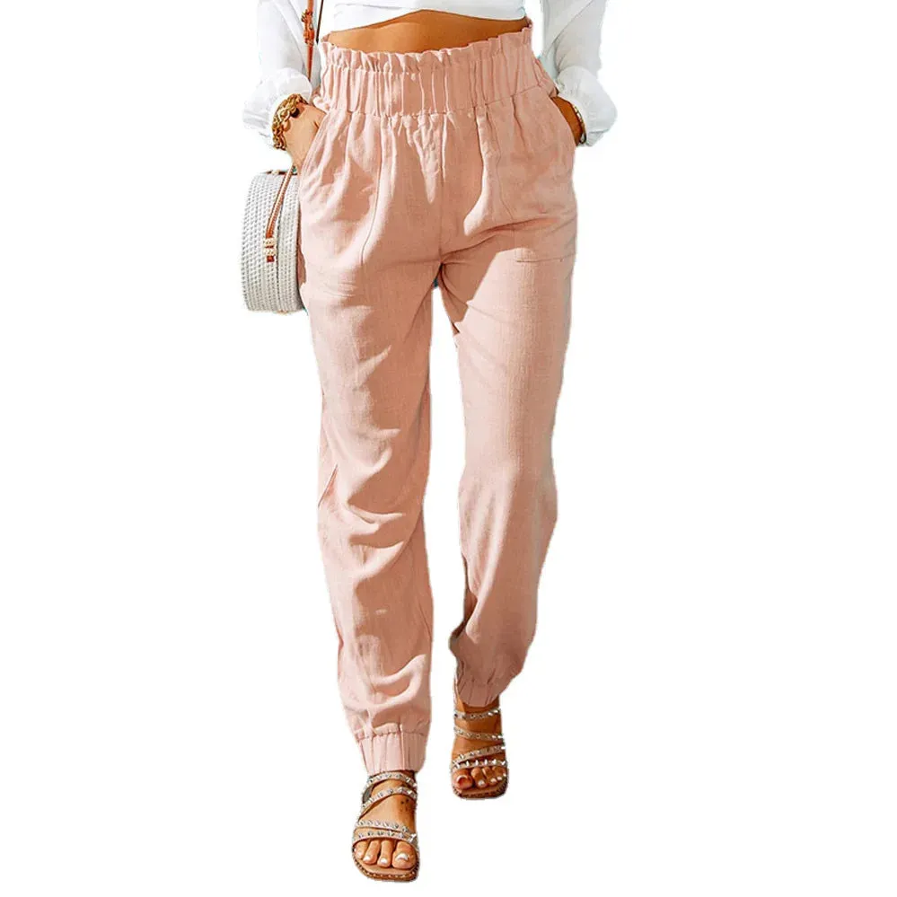 Ruffled Elastic Waistband High Waisted Pants